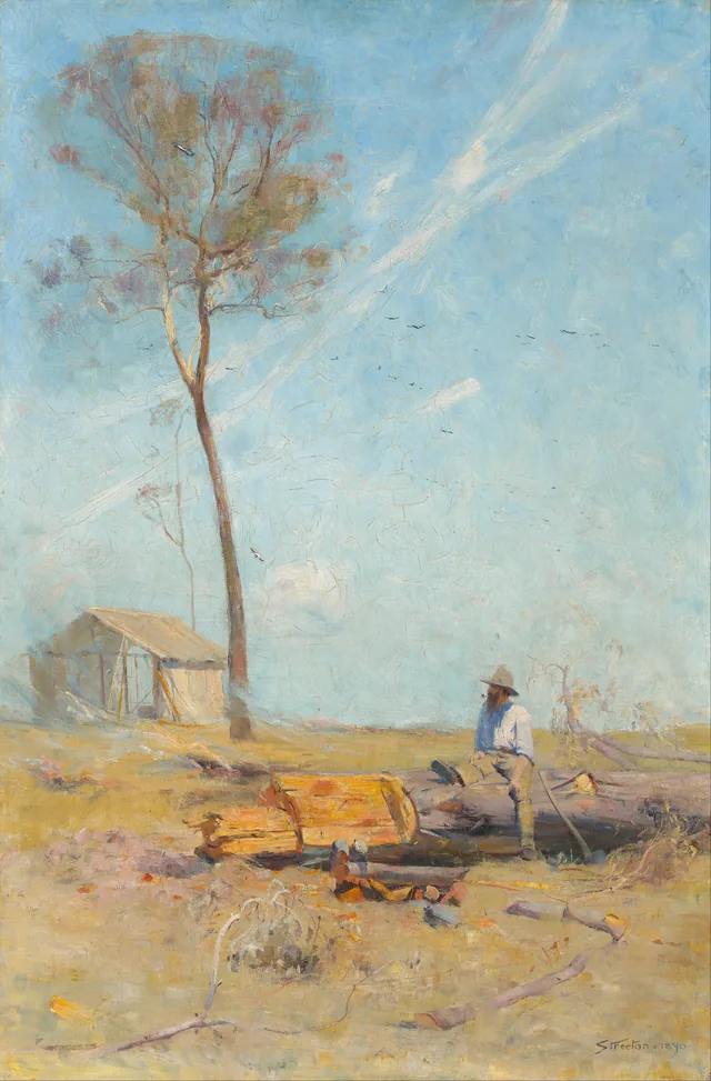 A cabana do colono (Whelan no tronco), Arthur Streeton