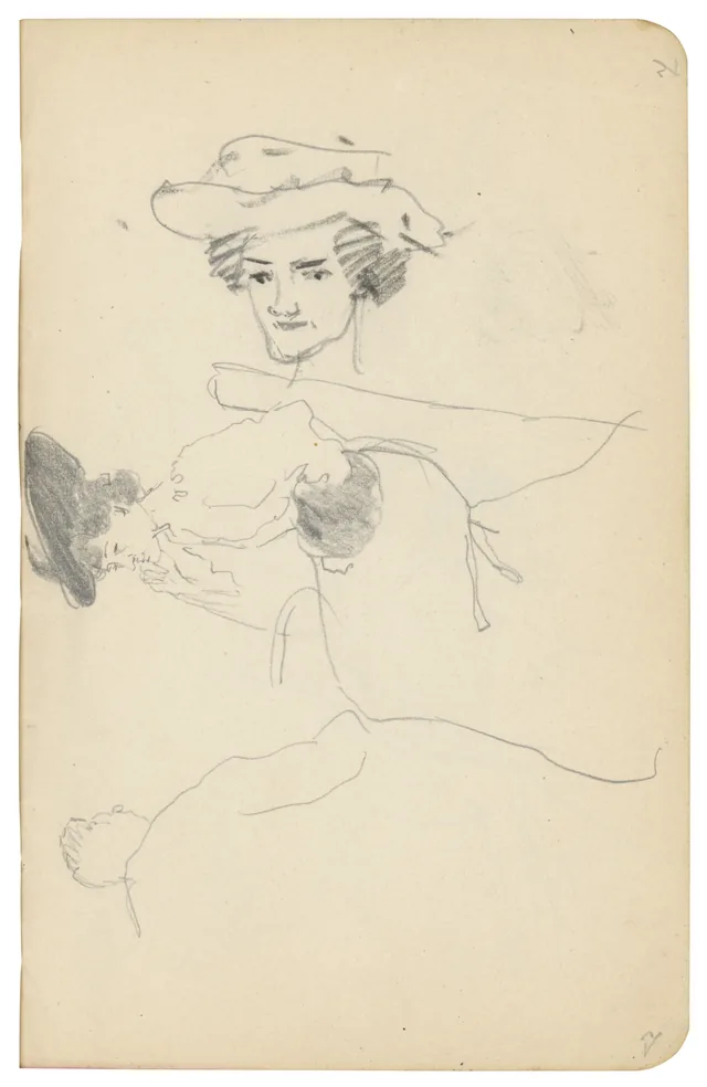 Sketchbook No. 21, p. 7: Woman's Head with Hat / Head in Profile, Erased / Couple in a Café