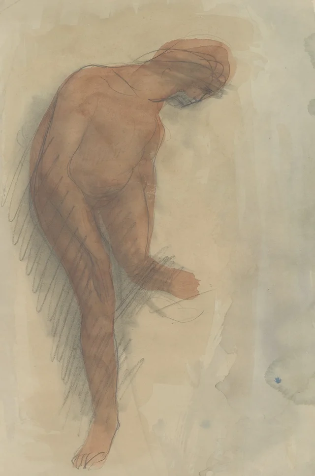 Nude female figure holding left foot