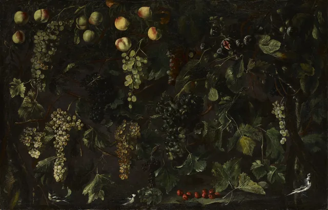 Grape Vines and Fruit, with Three Wagtails