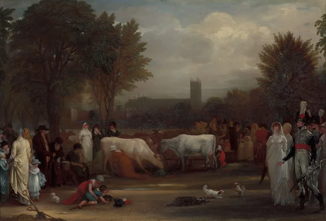 Lecheras en St James's Park, con la abadía de Westminster al fondo, Benjamin West
