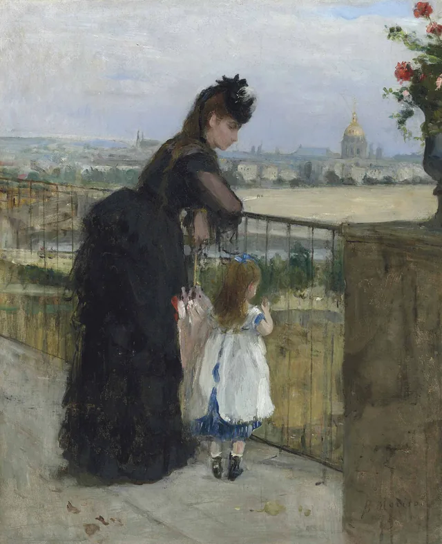 Woman and child on a balcony