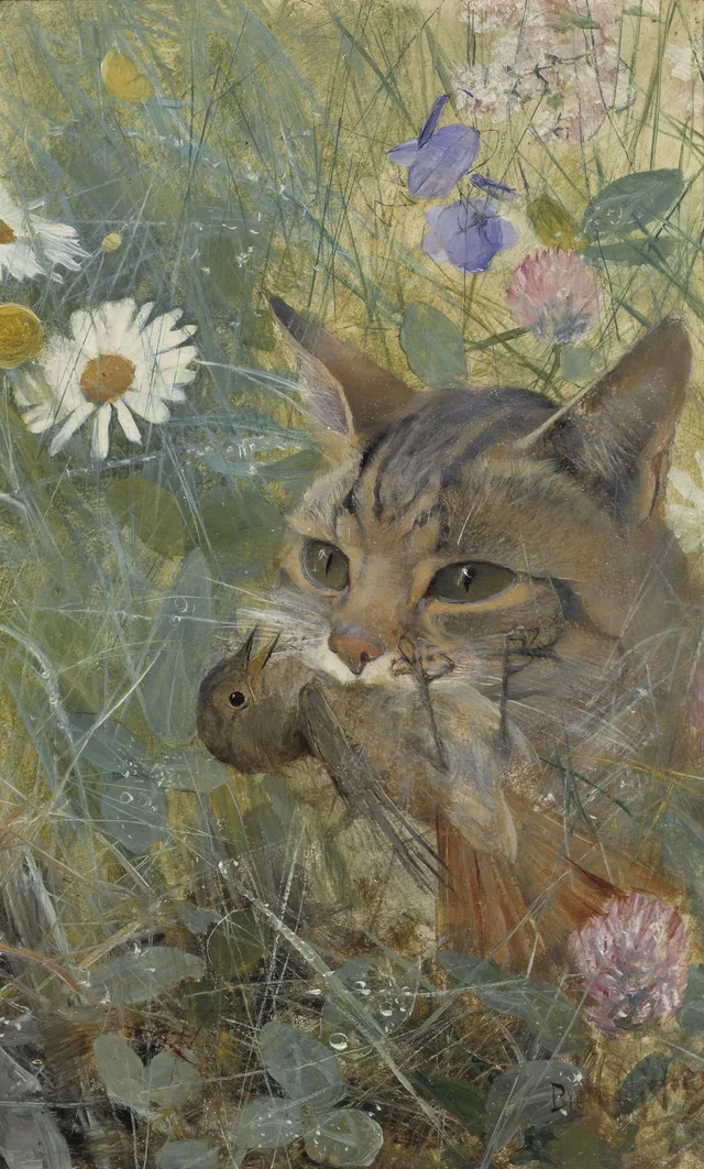 Gato con un pajarito en la boca. Uno de los cinco estudios de animales en un mismo marco, Bruno Liljefors
