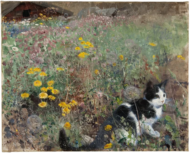 花咲く草原の猫