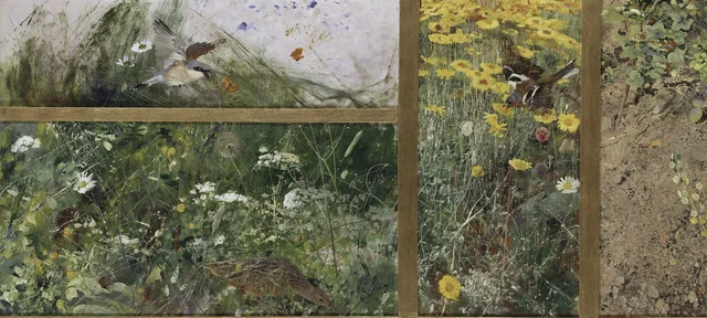 Quatre études d'oiseaux dans un cadre : pie-grièche écorcheur, râle des genêts, pinsons, pouillot fitis, Bruno Liljefors