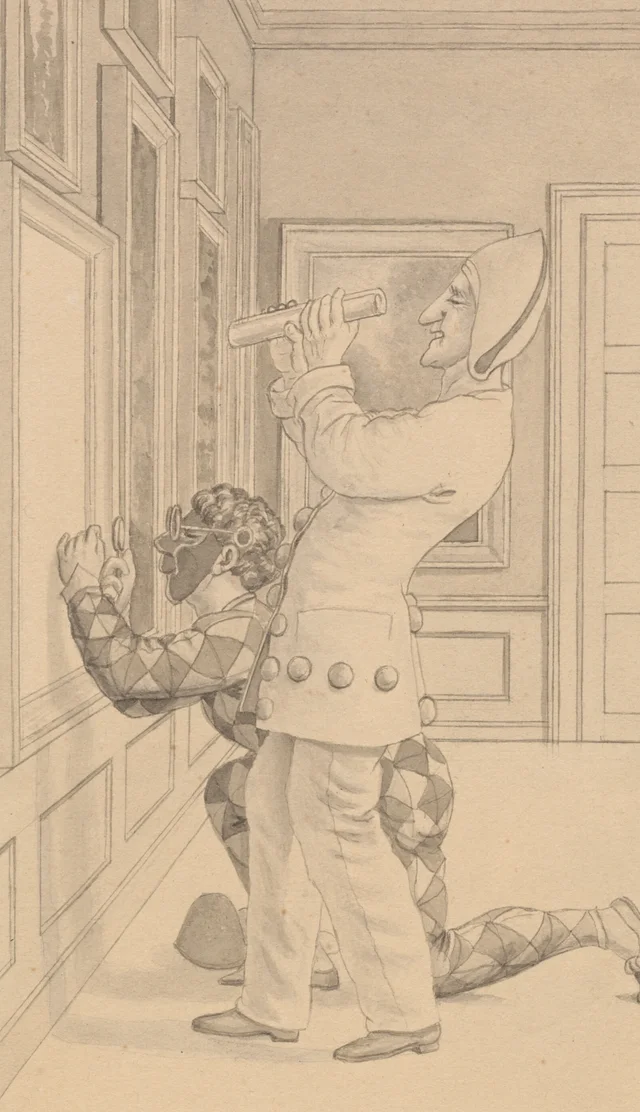 Crítica de arte. Arlequín y Pierrot, en una habitación cubierta de cuadros, juzgando una pintura