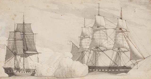 交戦する二隻の軍艦（イギリスのフリゲート艦シャノンとアメリカのフリゲート艦チェサピーク？）