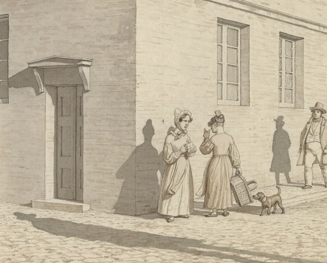 La perspectiva lineal aplicada a la pintura. Lámina VII,1. Un encuentro en la esquina de una calle, C.W. Eckersberg