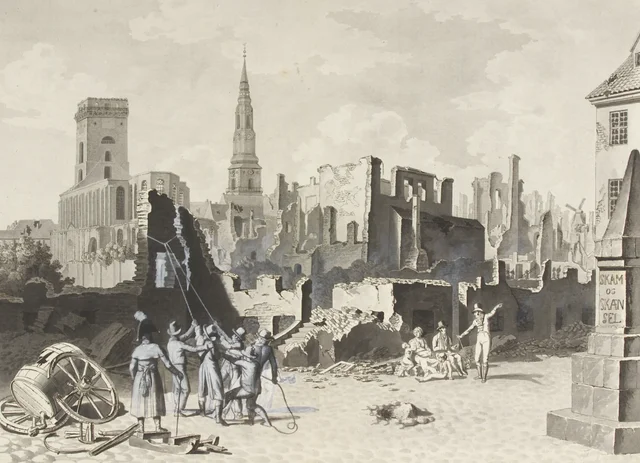 La plaza Ulfeldt, la actual Gråbrødretorv, tras el bombardeo inglés de septiembre de 1807