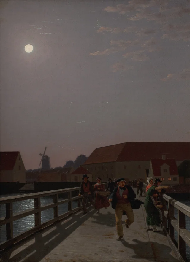 Langebro a la luz de la luna, con figuras corriendo