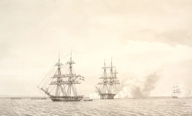 Los navíos de guerra saludan mientras el príncipe heredero Federico y su esposa entran remando en Copenhague, el 22 de junio de 1841. Están representados el bergantín Allart, el navío de línea Christian VIII y la corbeta Flora, C.W. Eckersberg