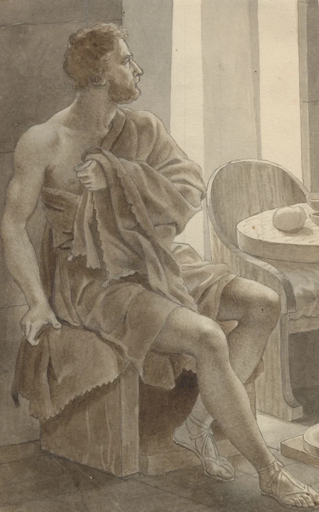 Telémaco encuentra a Ulises, disfrazado de mendigo, en casa del porquerizo Eumeo – Ulises; fragmento de la composición completa