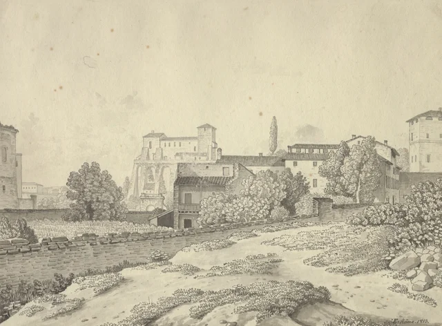 Un paraje cerca de la Piazza Barberini, visto hacia el jardín del Quirinal, Roma