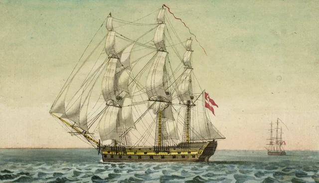 Un navío de guerra danés a vela, visto a sotavento