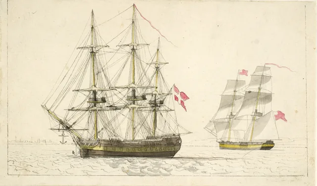停泊するデンマークのフリゲート艦と帆走するイギリスのブリッグ船