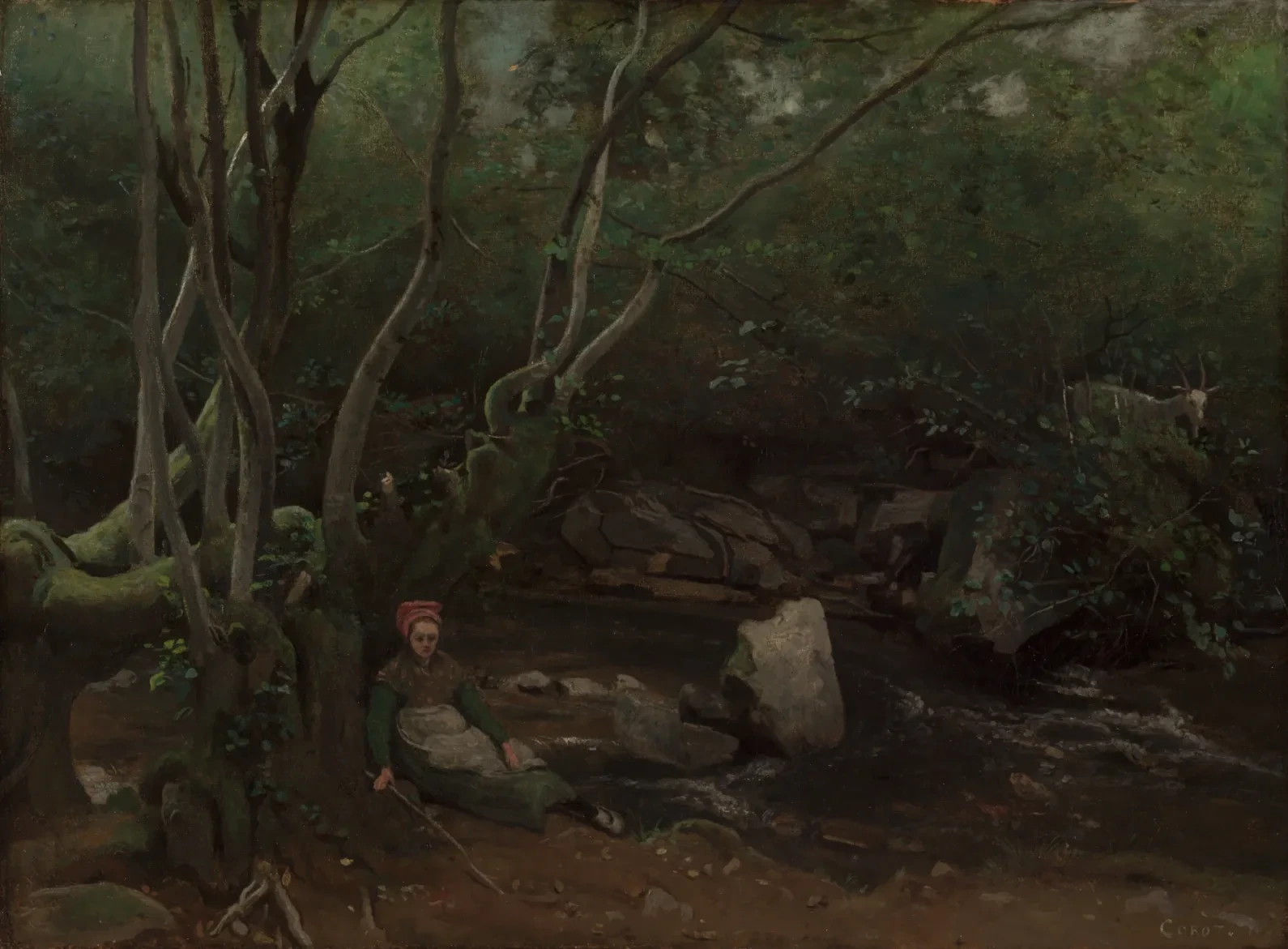 Lormes: joven cabrera sentada junto a un arroyo en un bosque, Camille Corot