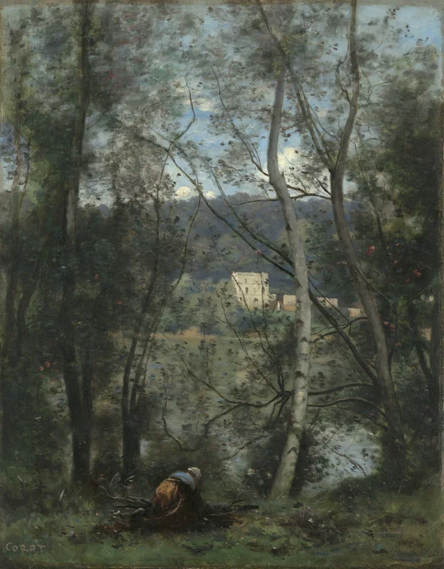 Mujer recogiendo fajinas en Ville-d'Avray, Camille Corot