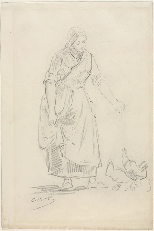 Peasant Girl Feeding Chickens