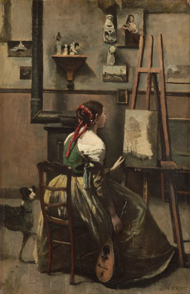 El taller de Corot: mujer sentada ante un caballete, con una mandolina en la mano
