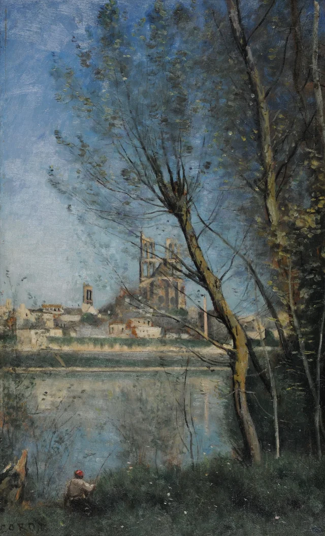 Mantes, la catedral y la ciudad vistas a través de los árboles, por la mañana, Camille Corot
