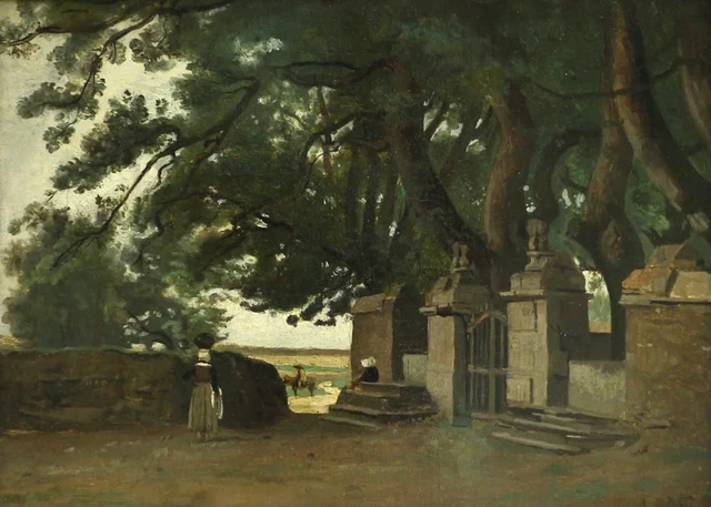 Breton landscape. A gate shaded by tall trees