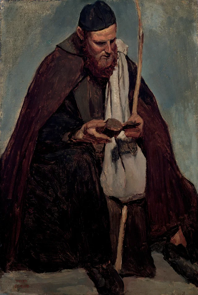 Roma, monje italiano sentado leyendo, Camille Corot
