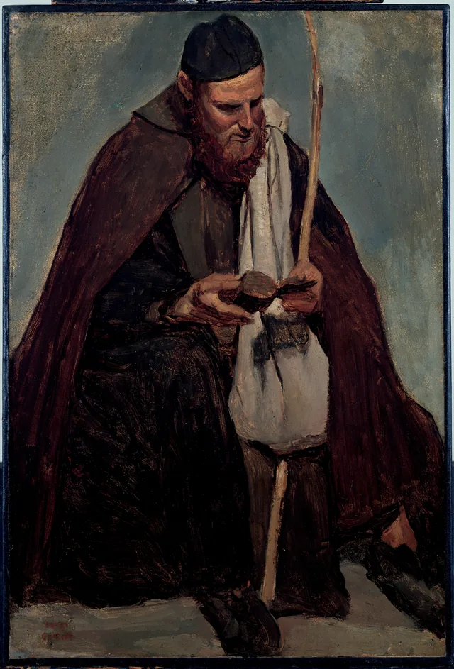 Rome, moine italien assis lisant, Camille Corot