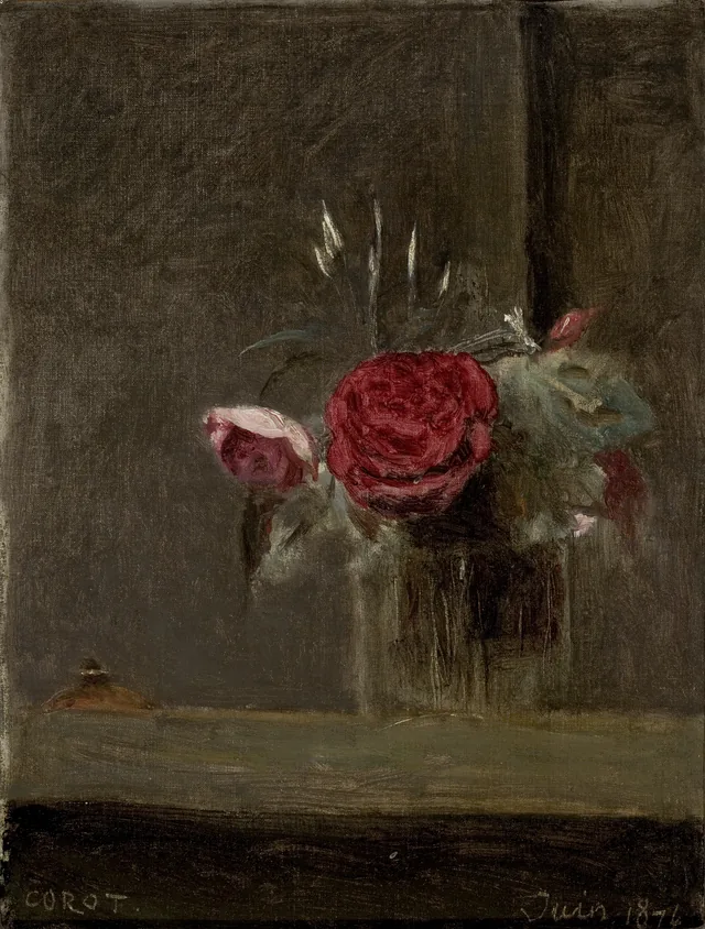Roses in a Glass, Camille Corot