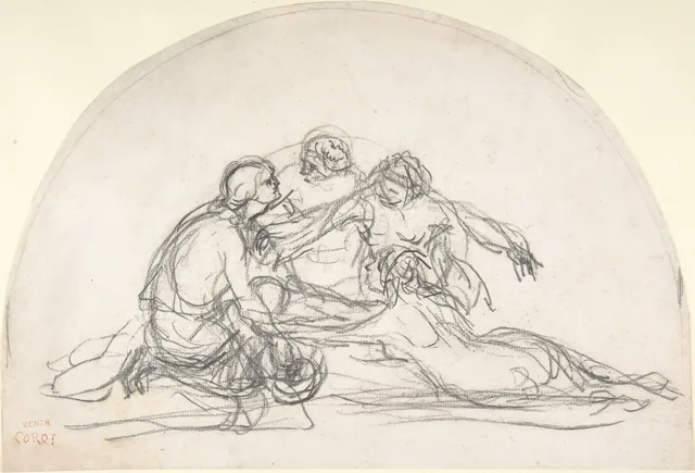 Trois nymphes et un jeune homme : étude pour une lunette décorative