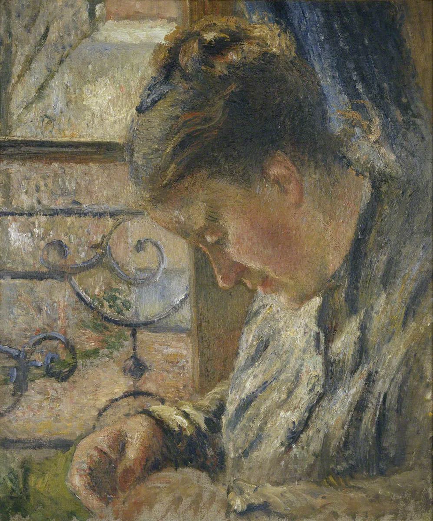 Julie Pissarro cousant, la maison rouge, Pontoise, Camille Pissarro