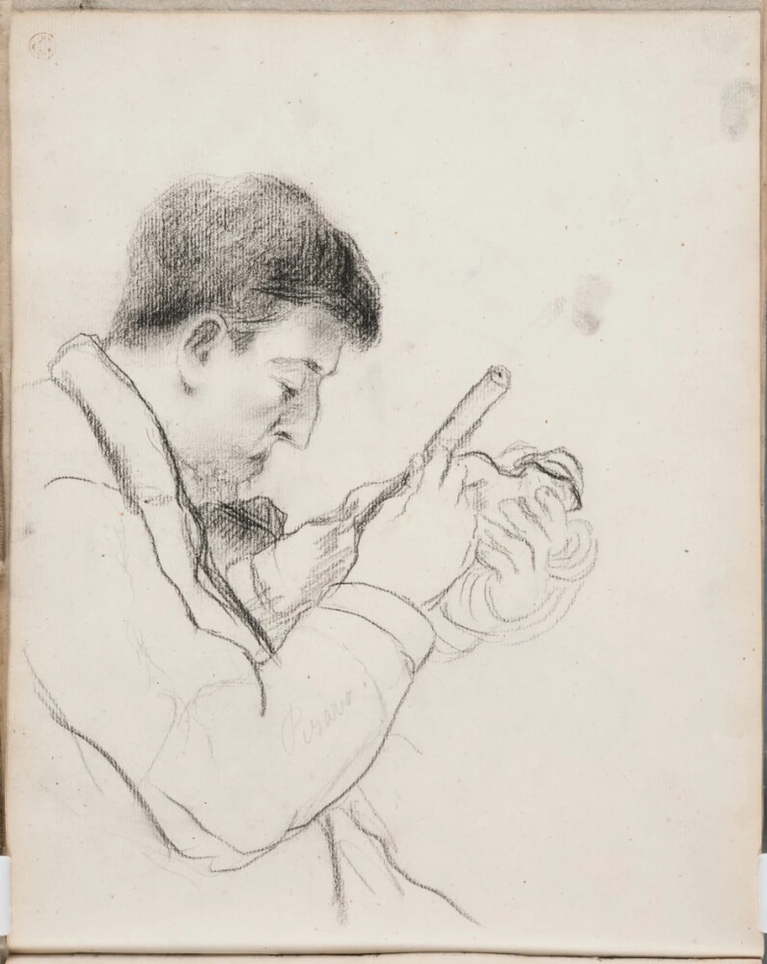 Portrait of Paul Gauguin chiselling on a statuette (Sheet 22 verso of Paul Gauguin's sketchbook), Camille Pissarro