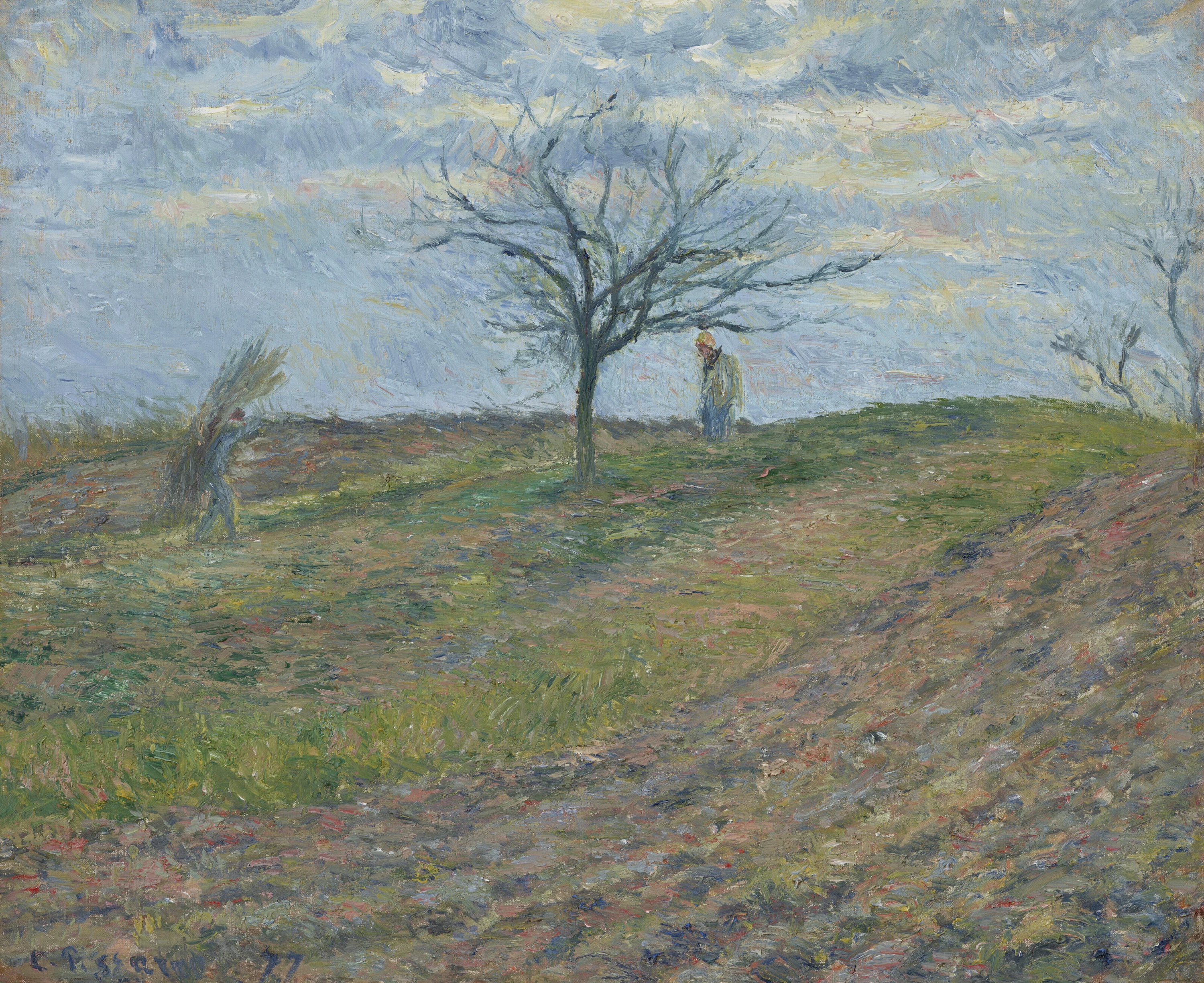 Terre labourée en hiver, avec un homme portant un fagot, Camille Pissarro