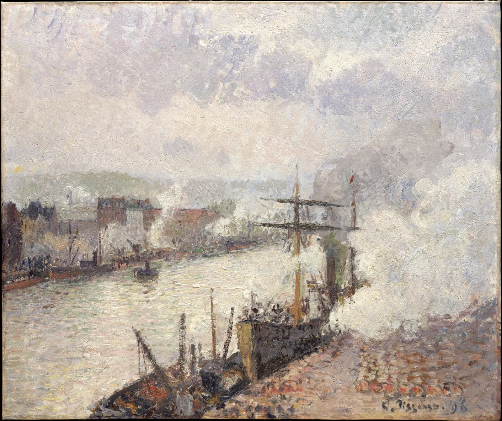 Bateaux à vapeur dans le port de Rouen, Camille Pissarro