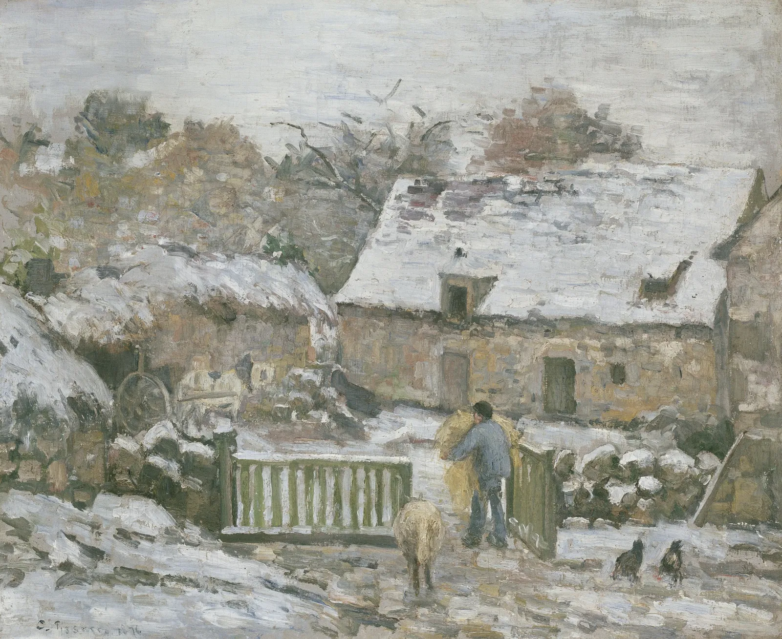 Ferme à Montfoucault, effet de neige, Camille Pissarro