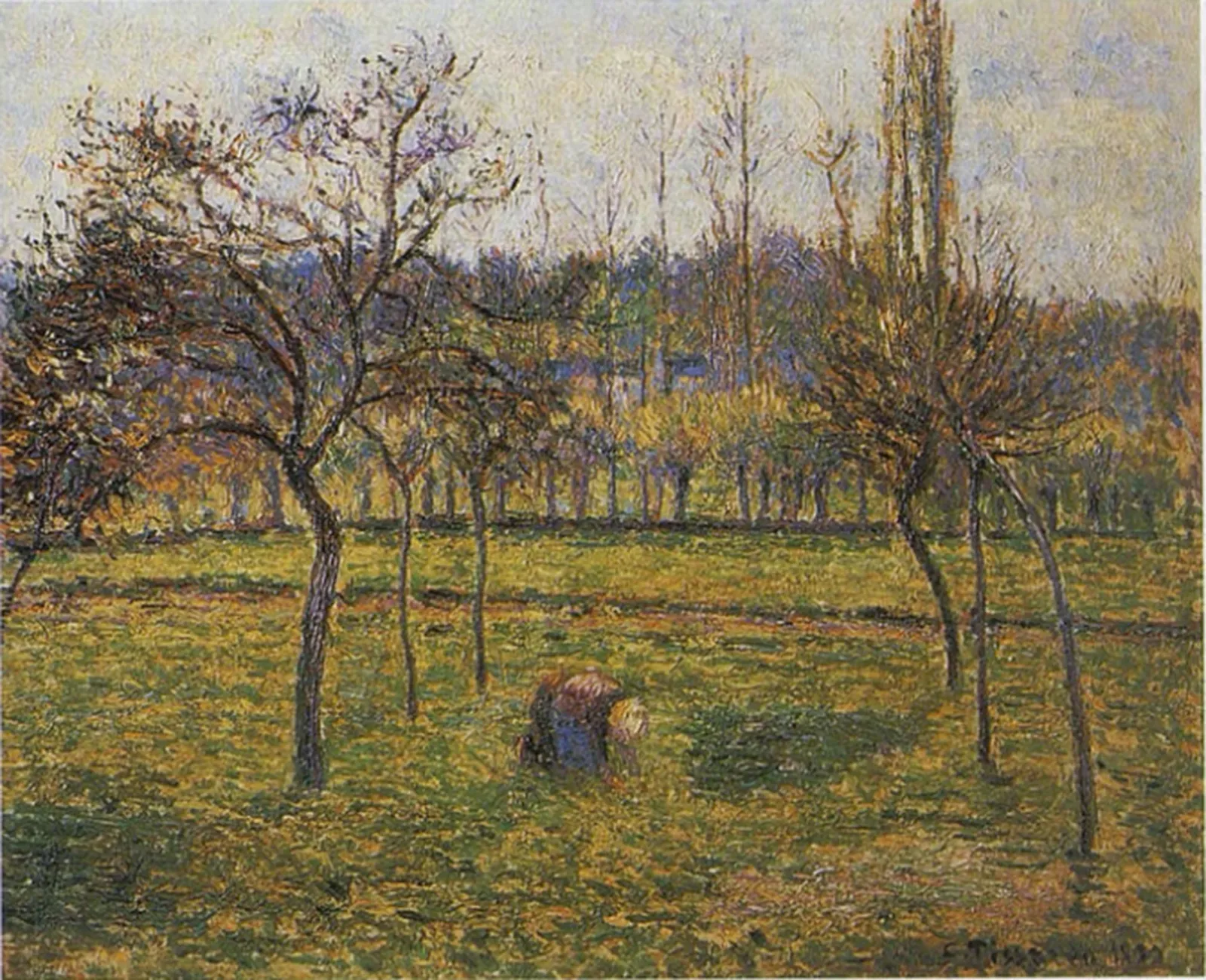 Le fond du pré à Éragny avec une femme ramassant de l'herbe, Camille Pissarro