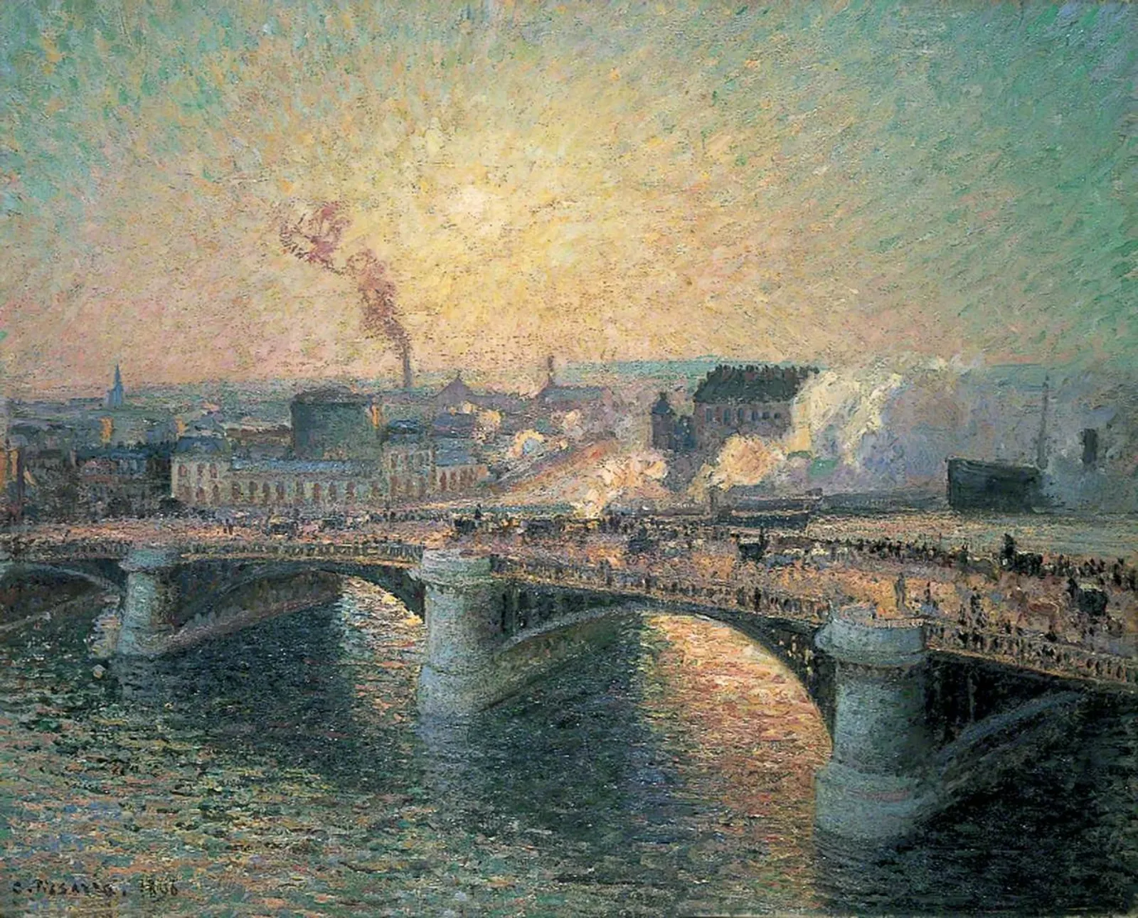 Le Pont Boieldieu, Rouen, Soleil Couchant [The Pont Boieldieu at Sunset], Camille Pissarro