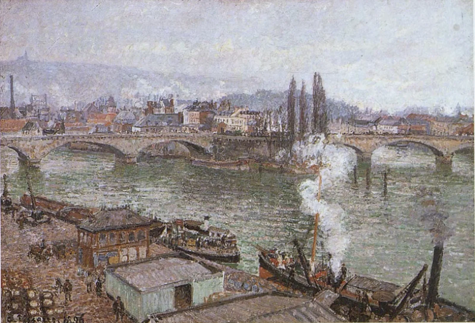 Le pont de pierre à Rouen, temps gris, Camille Pissarro
