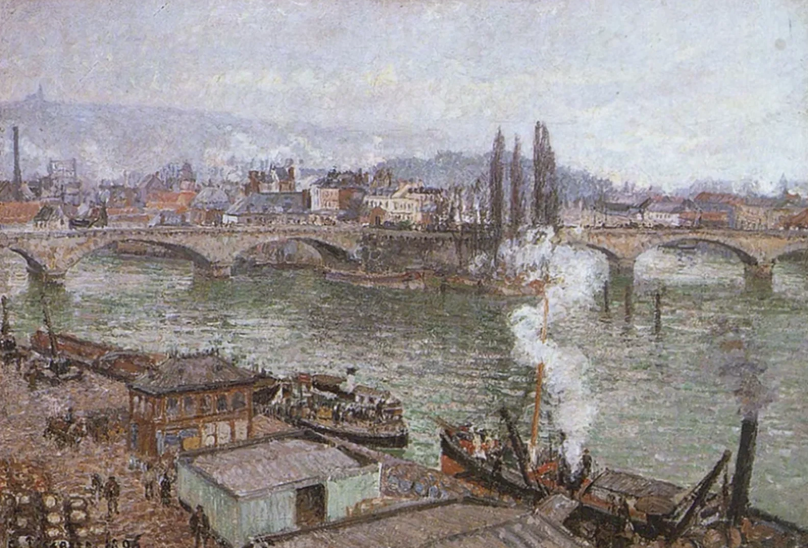 Le pont de pierre à Rouen, temps gris, Camille Pissarro