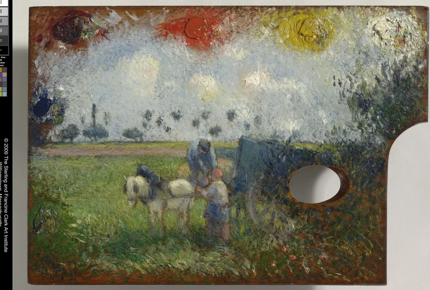 Palette de l’artiste avec charrette et paysans, Camille Pissarro