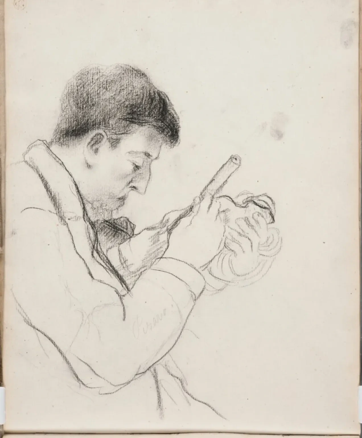 Portrait of Paul Gauguin chiselling on a statuette (Sheet 22 verso of Paul Gauguin's sketchbook), Camille Pissarro