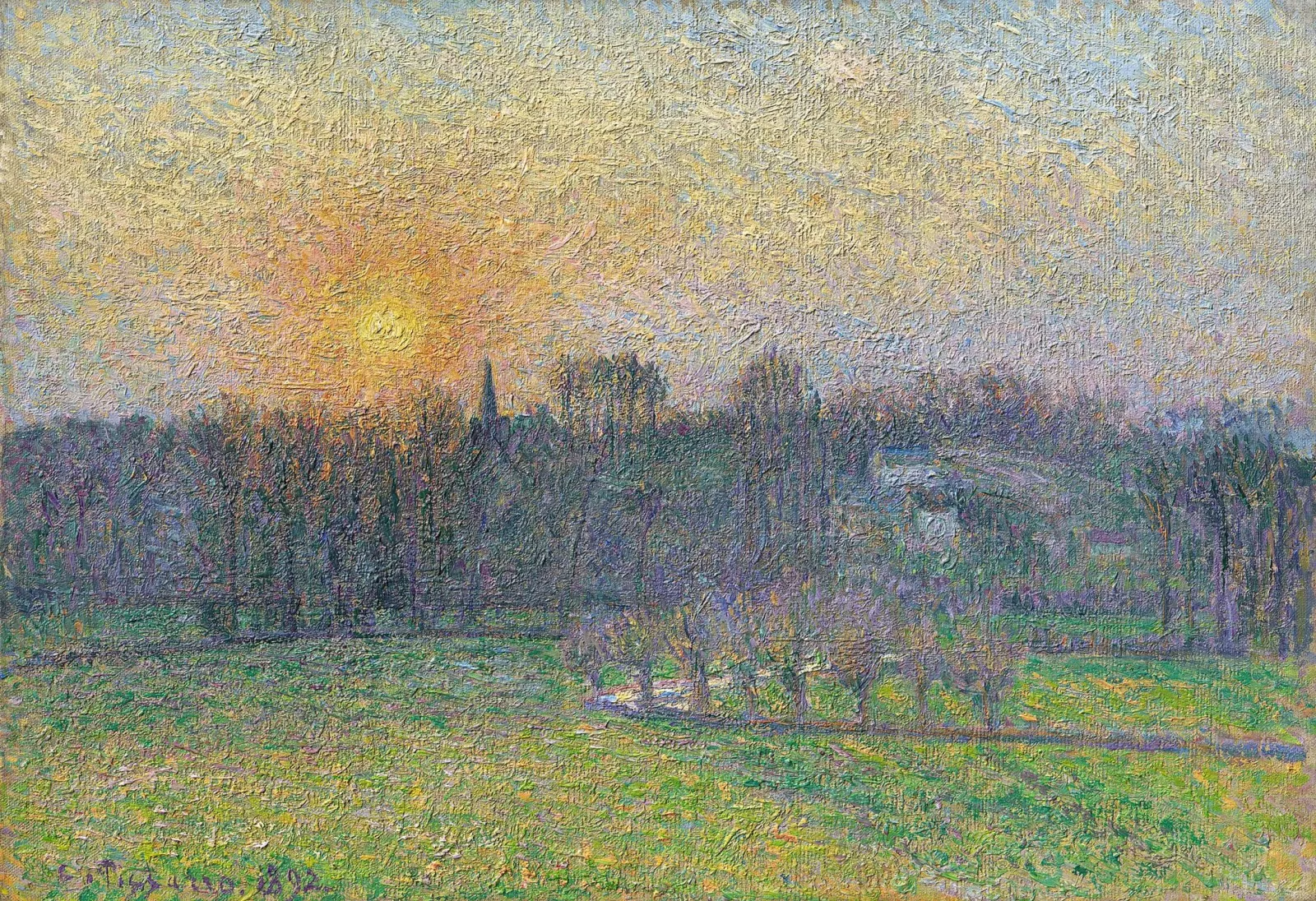 Vue de Bazincourt, coucher de soleil, Camille Pissarro