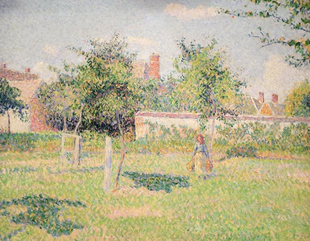 Mujer en un cercado, sol de primavera en el prado de Éragny