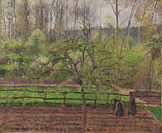 Femmes dans un clos, printemps, temps gris, Éragny