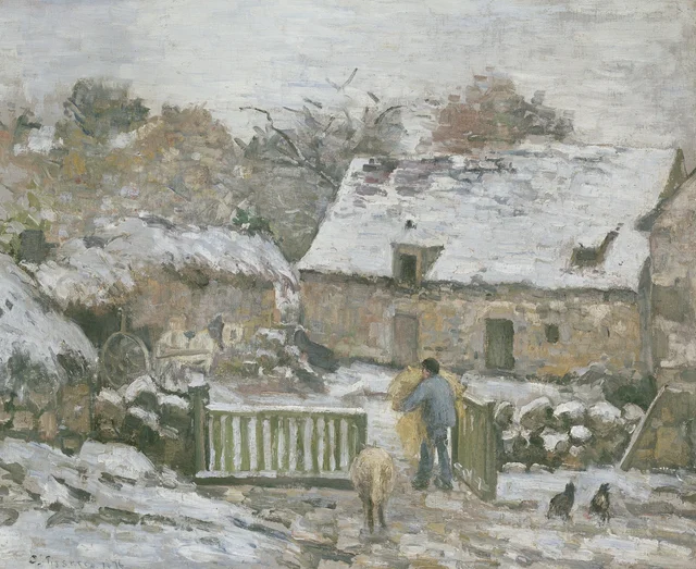 Granja en Montfoucault, efecto de nieve, Camille Pissarro