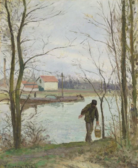 Homme portant un seau, bords de l’Oise