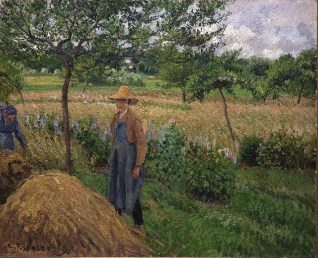 Jardinero ante un almiar, tiempo gris, Éragny, Camille Pissarro