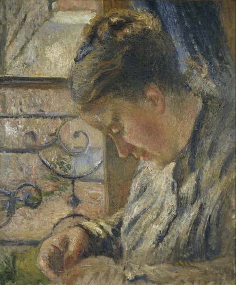 Julie Pissarro cousant, la maison rouge, Pontoise