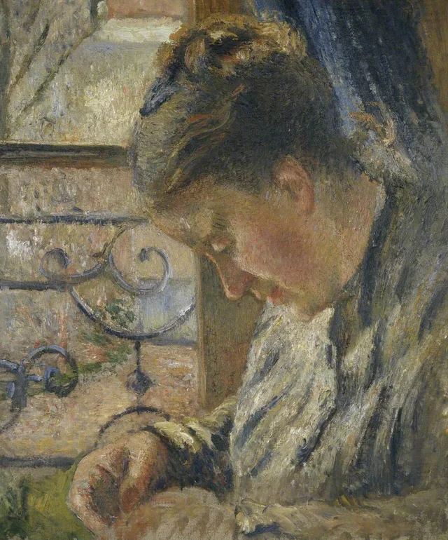 Julie Pissarro cosiendo, la casa roja, Pontoise