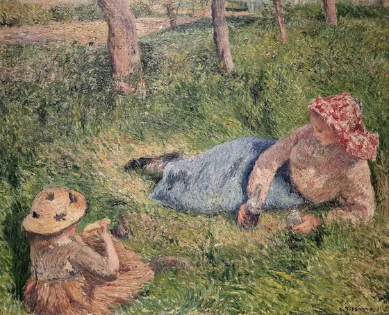 Le goûter, enfant et jeune paysanne au repos