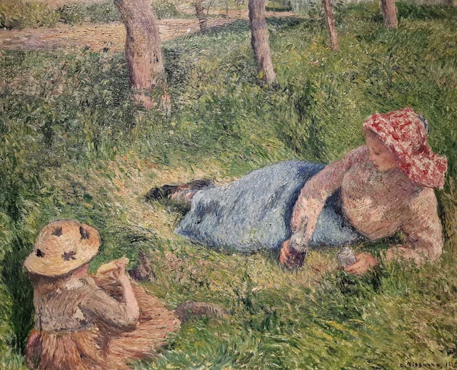La merienda, niño y joven campesina descansando, Camille Pissarro